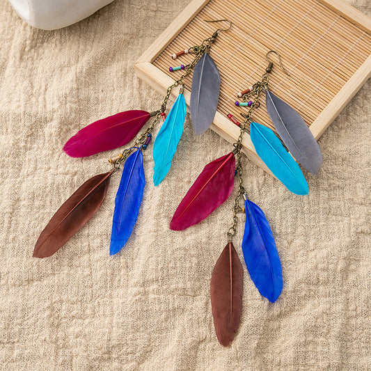 Women's Retro Ethnic Style Long Feather Tassel Earrings