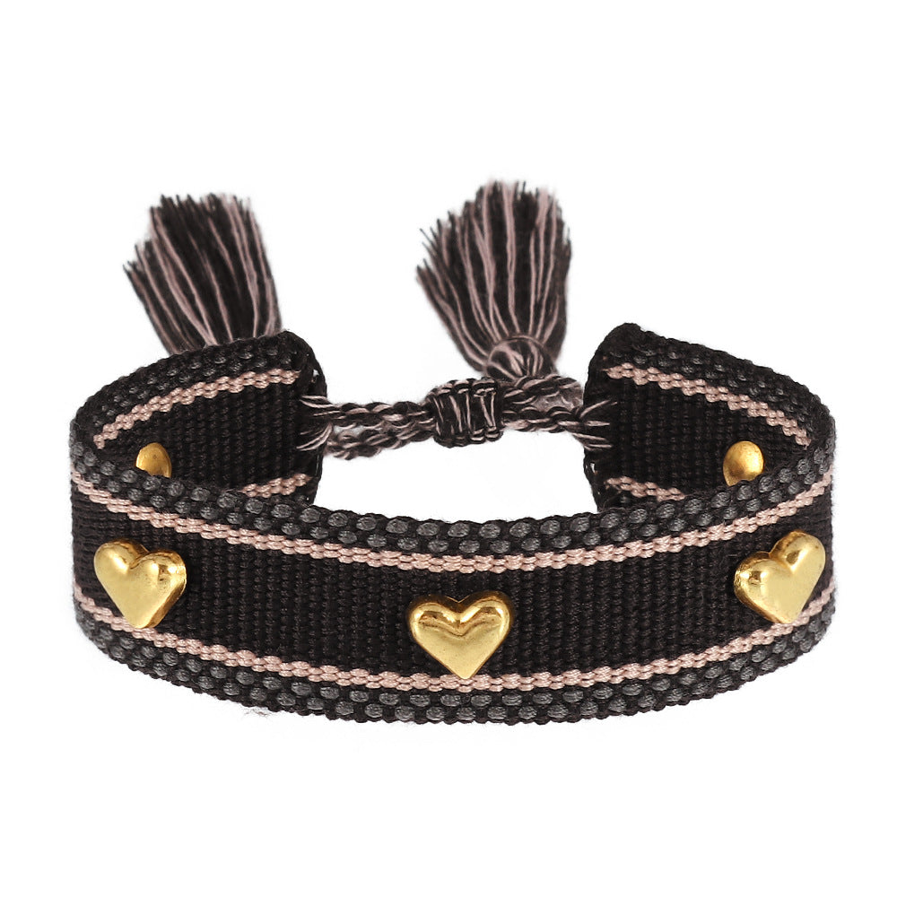 Couple Golden Heart-shaped Carrying Strap Hand-woven Tassel Bracelets