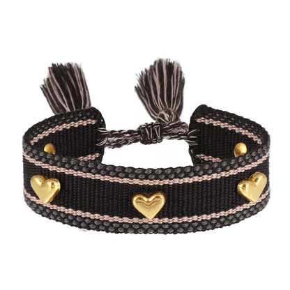 Couple Golden Heart-shaped Carrying Strap Hand-woven Tassel Bracelets