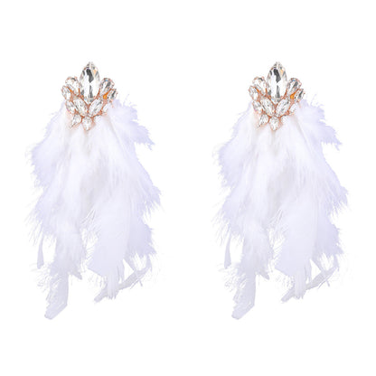 Diamond Flower Long Feather Tassel Female Earrings