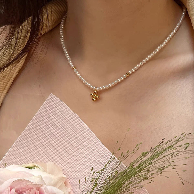 Women's Vintage Pearl Crystal Cross For Niche Necklaces