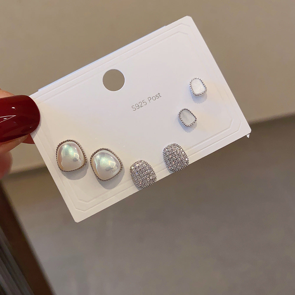 Women's Fashion Sier Set One Card Three Small Ear Needle Earrings