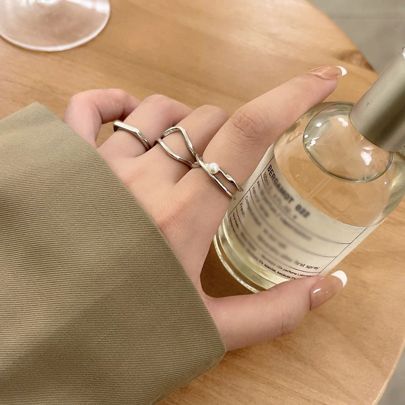 Geometric Style Pearl Three-piece Set Index Rings