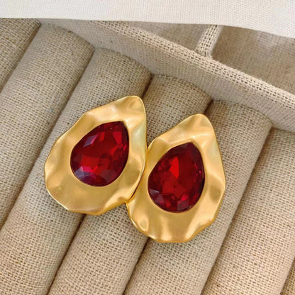 Distressed Matte Gold Red Gem Drop Earrings