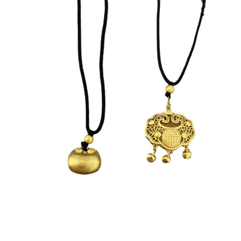 Chinese Style Lucky Lock Pendant Golden Bean Long Life Necklaces