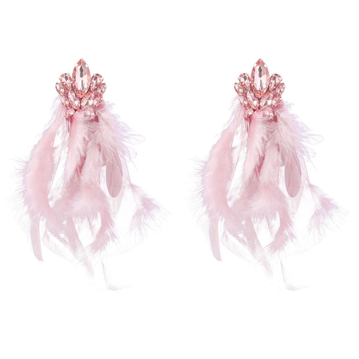 Diamond Flower Long Feather Tassel Female Earrings
