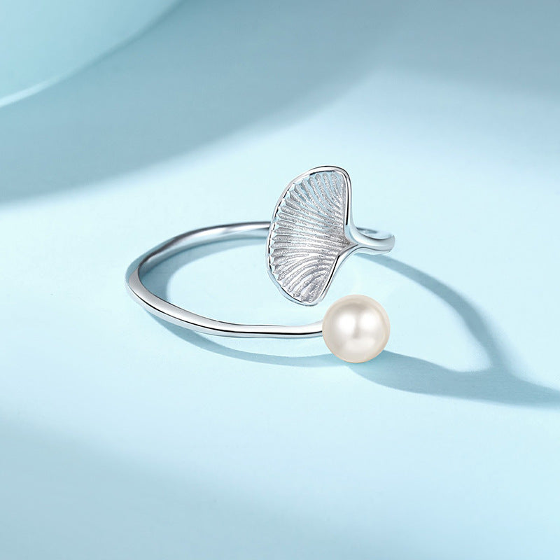 Pearl Ginkgo Leaf Female Sterling Sier Simple Rings
