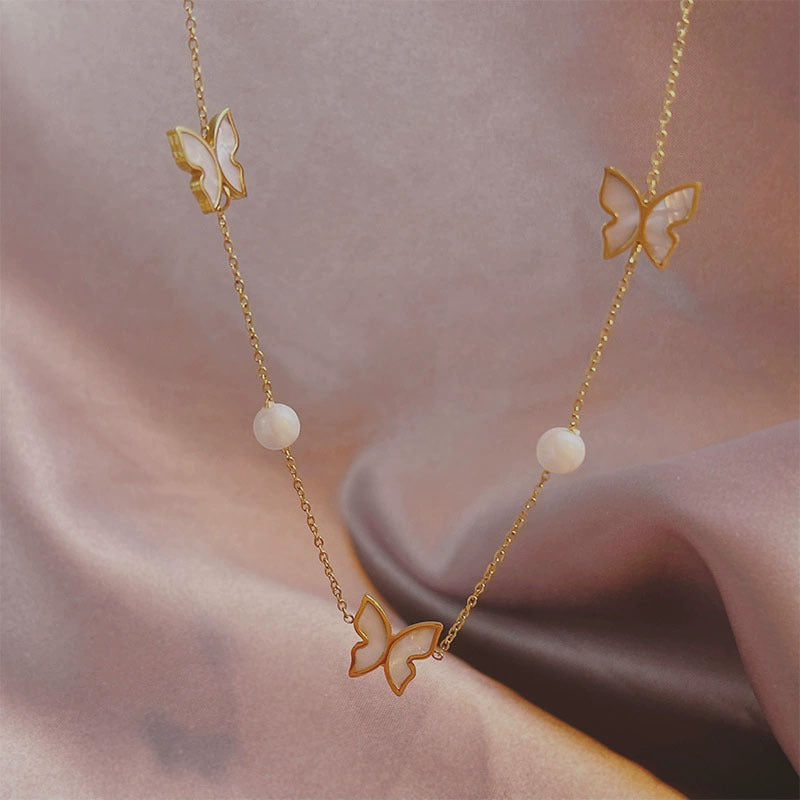Korean Style Simple Pearl Butterfly Titanium Necklaces