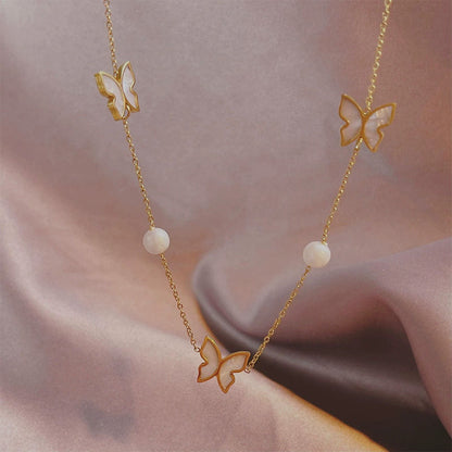 Korean Style Simple Pearl Butterfly Titanium Necklaces