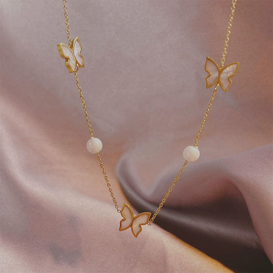 Korean Style Simple Pearl Butterfly Titanium Necklaces