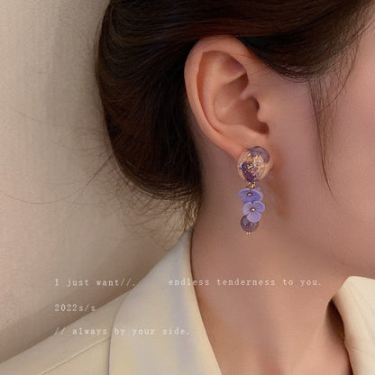 Purple Pearl Diamond Flower Fashion Geometry Pattern Temperament Wild Earrings