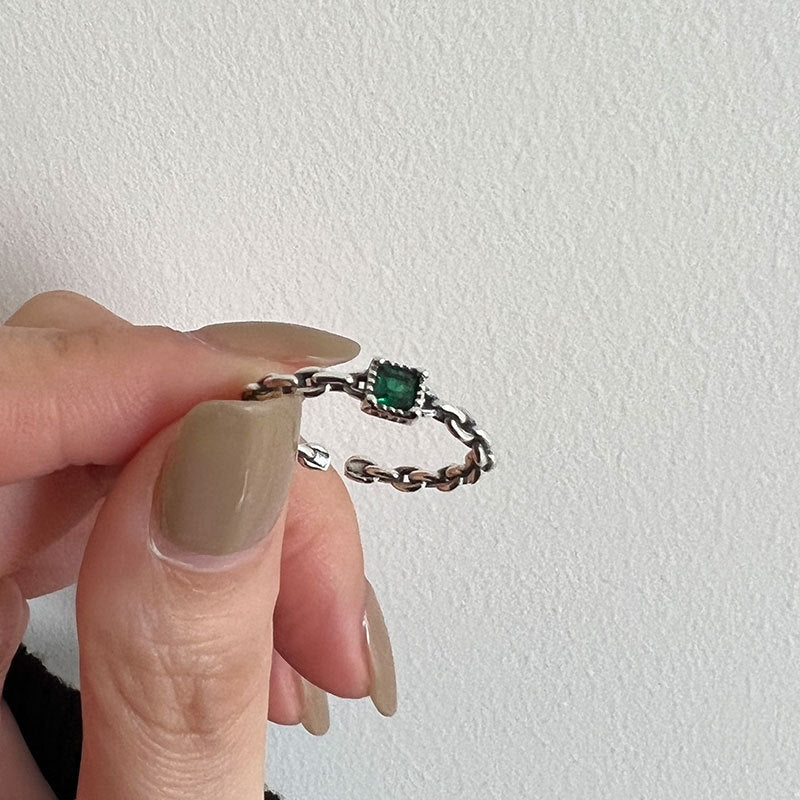 Sier Emerald Zircon Chain Female Design Fashion Rings