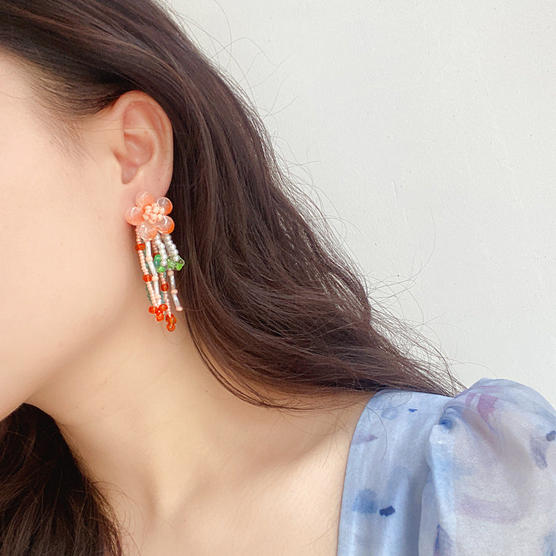 Style Elegant Peach Jade Flower Tassel Artistic Romantic Atmosphere Earrings