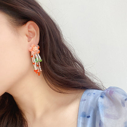 Style Elegant Peach Jade Flower Tassel Artistic Romantic Atmosphere Earrings
