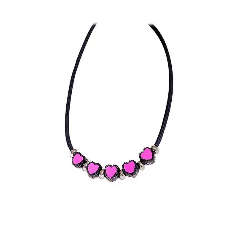 Women's Hot Sweetheart Pink Stars Heart Leather String Niche Necklaces