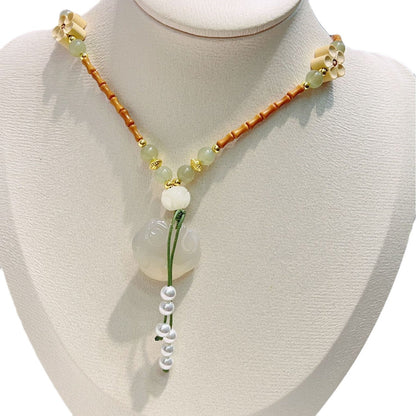 Round Beads Accessories Boxwood Carved Lotus Necklaces