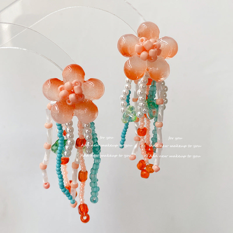 Style Elegant Peach Jade Flower Tassel Artistic Romantic Atmosphere Earrings