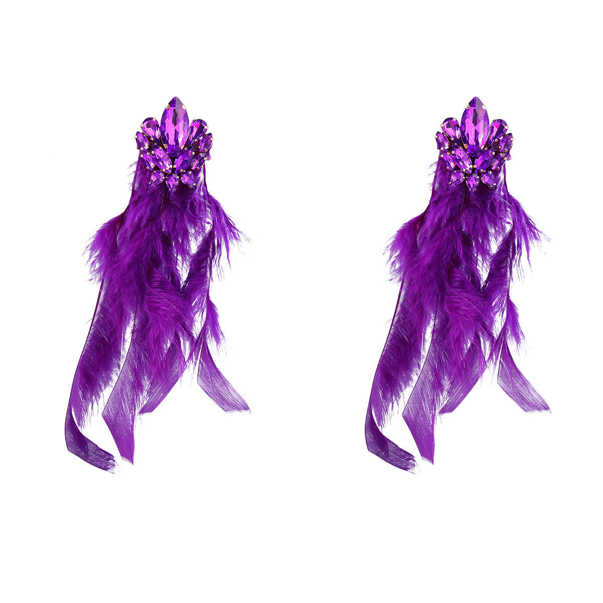 Diamond Flower Long Feather Tassel Female Earrings