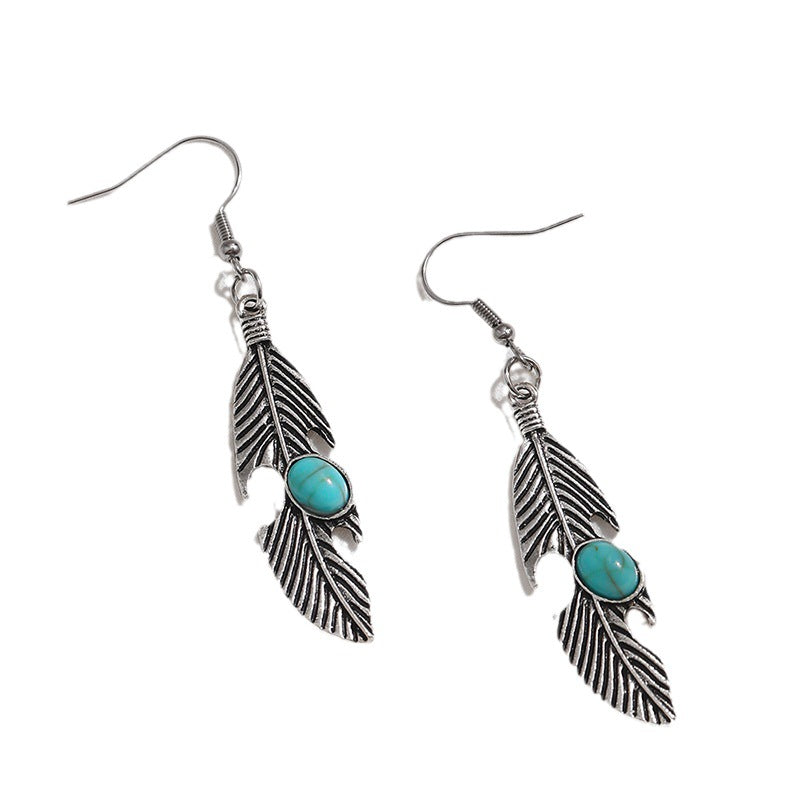 Style Feather Inlaid Turquoise Seaside Holiday Long Earrings