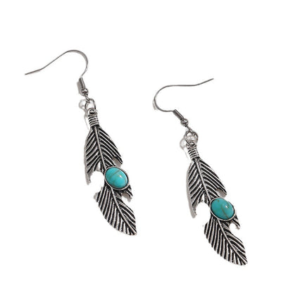 Style Feather Inlaid Turquoise Seaside Holiday Long Earrings