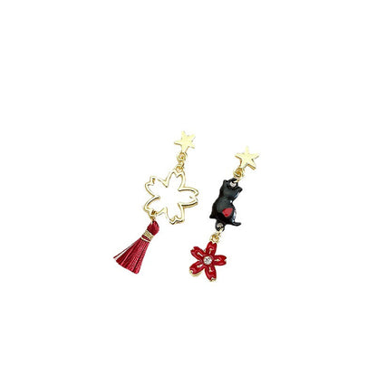 Women's Cartoon Long Asymmetric Flower Cat Fox Earrings