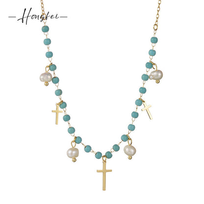 Style Retro Titanium Steel Gold Cross Freshwater Pearl Necklaces