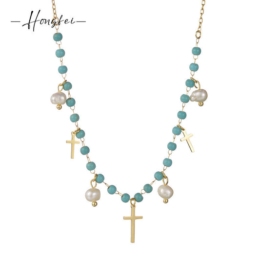 Style Retro Titanium Steel Gold Cross Freshwater Pearl Necklaces
