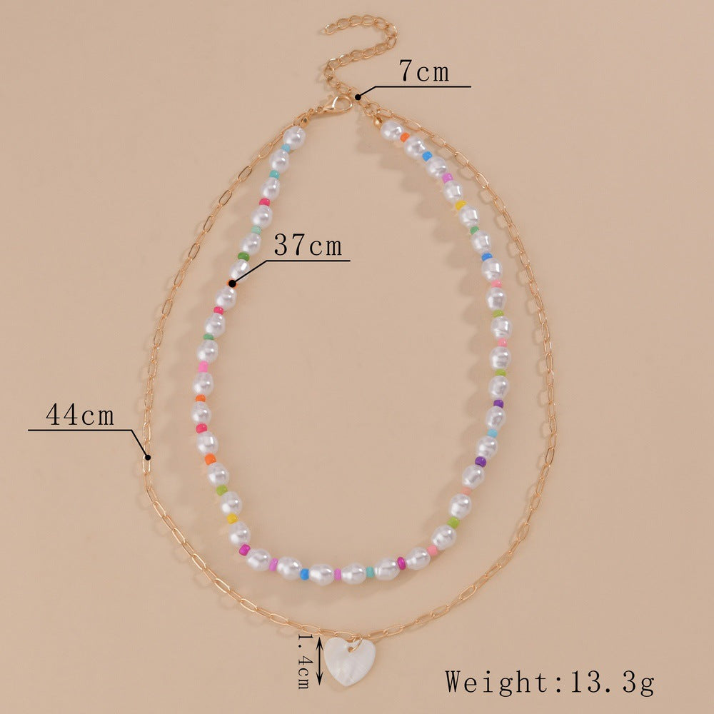 Women's Pearl Mixed Color Bead Love Pendant Double Layer Necklaces