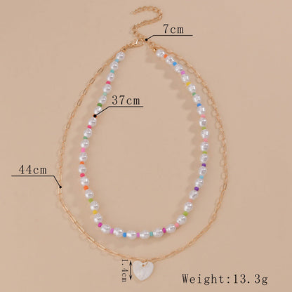 Women's Pearl Mixed Color Bead Love Pendant Double Layer Necklaces