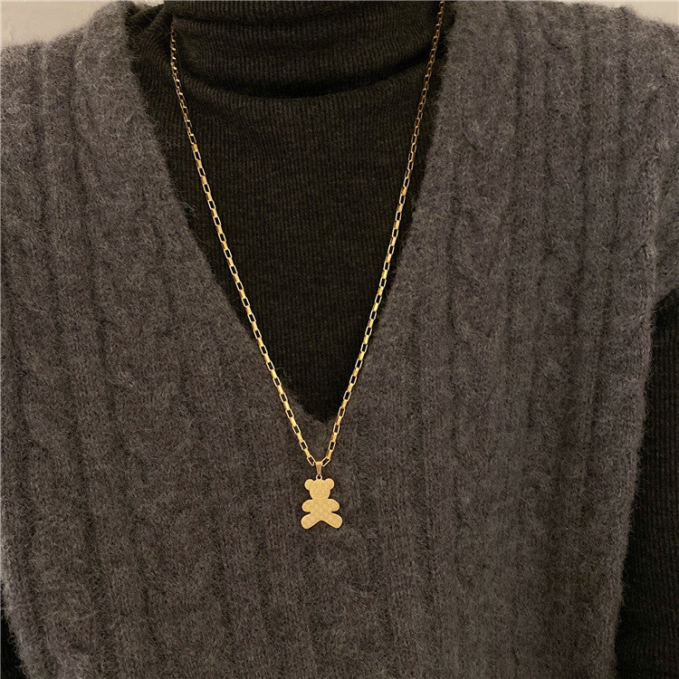 Steel Colorfast Bear Long Sweater Chain Necklaces