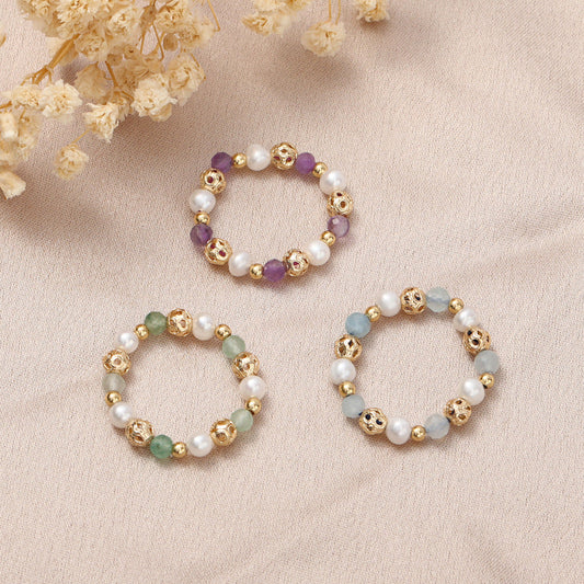 Freshwater Pearl Stretch Strawberry Quartz Pink Crystal Rings