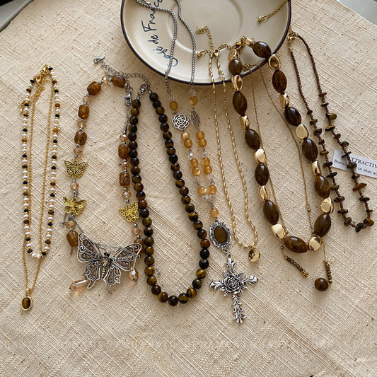 Women's Series Tigereye Butterfly Chinese Retro Beaded Sweater Necklaces