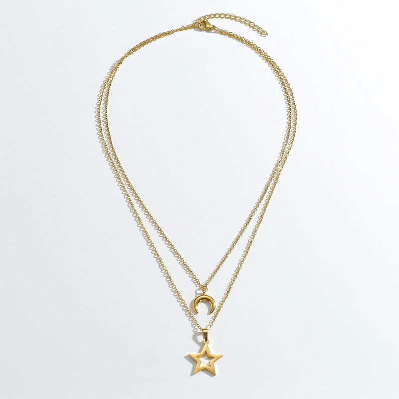 French Retro Stainless Steel Gold Hollow Pentagram Ornament Necklaces