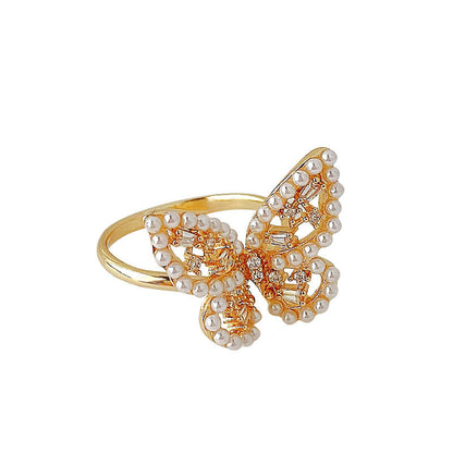 Generous Butterfly Female Opening Adjustable Pearl Zircon Rings