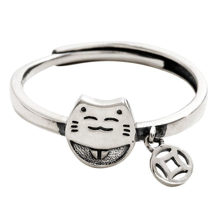 Women's Retro Text Copper Coin Lucky Cat Rings