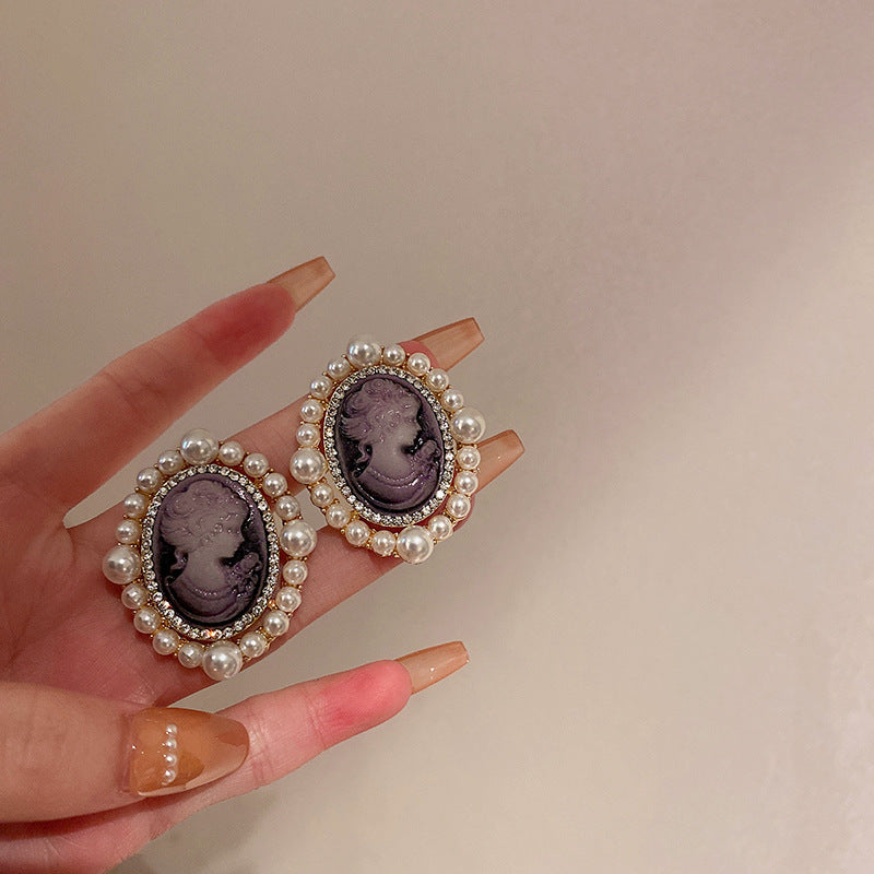 Purple Pearl Diamond Flower Fashion Geometry Pattern Temperament Wild Earrings