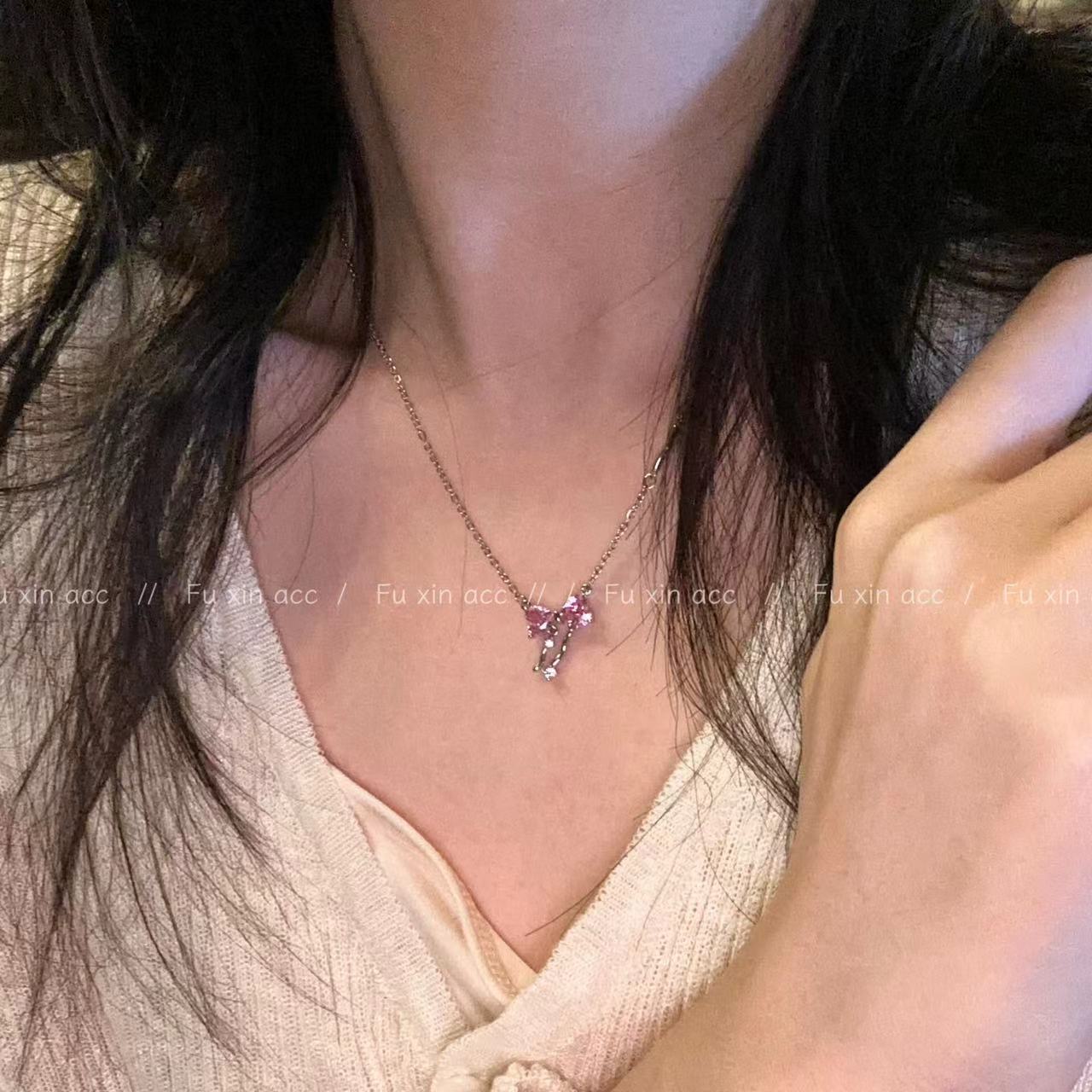 Inlaid Zircon Tassel Female Niche Personality Pink Necklaces