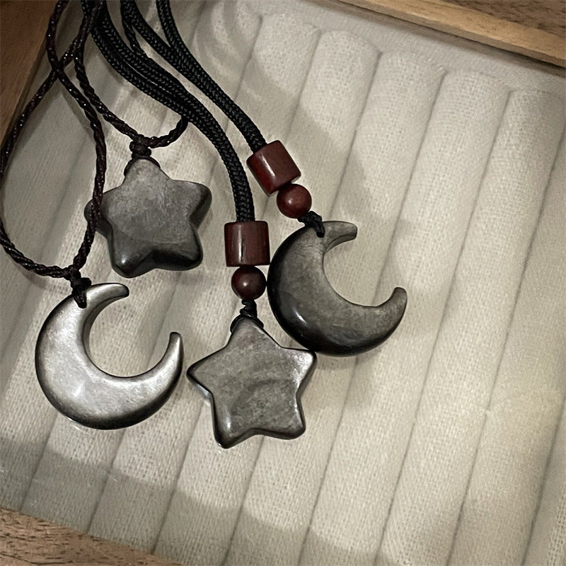 Couple Dark Sier Diamond Star Moon Braid Necklaces