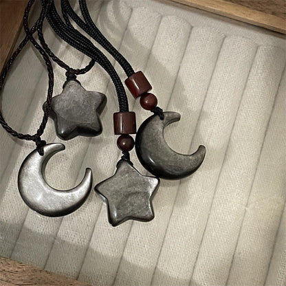 Couple Dark Sier Diamond Star Moon Braid Necklaces