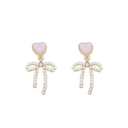 Sweet Pink Bow Love Heart Female Sier Needle Earrings