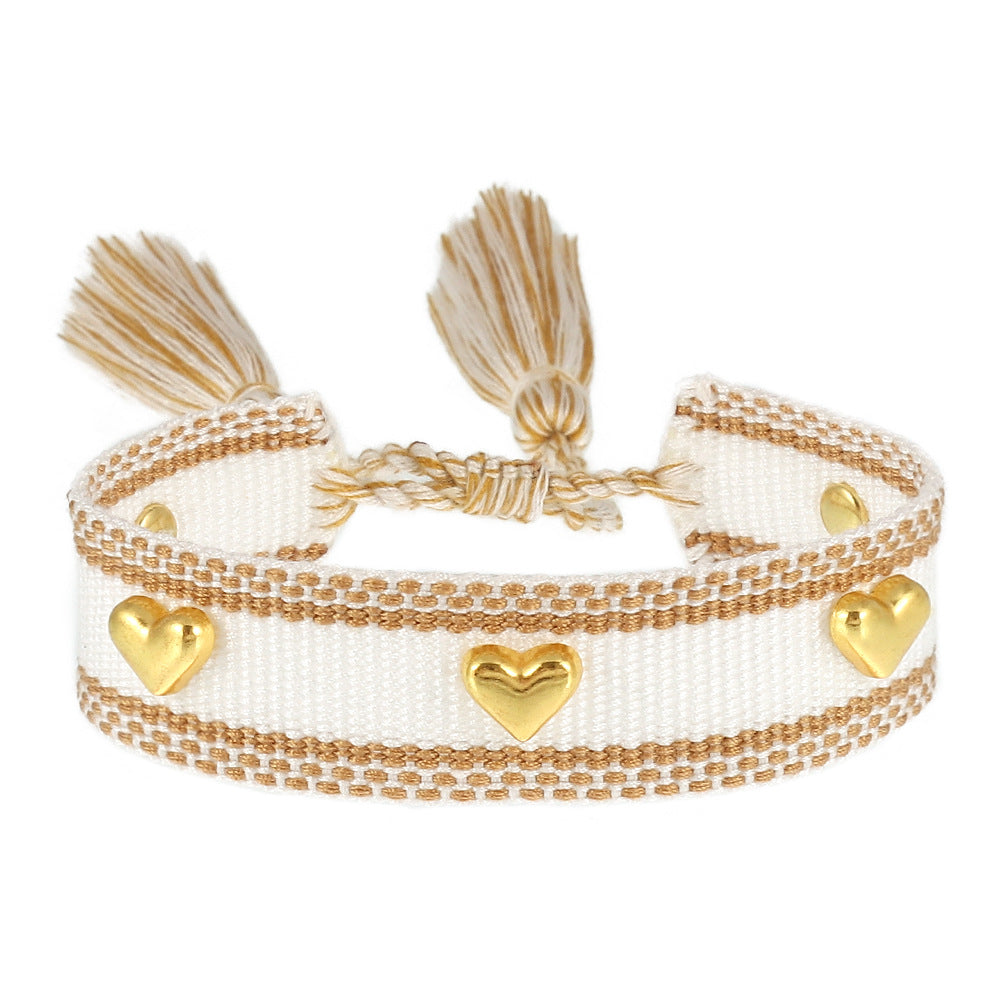 Couple Golden Heart-shaped Carrying Strap Hand-woven Tassel Bracelets