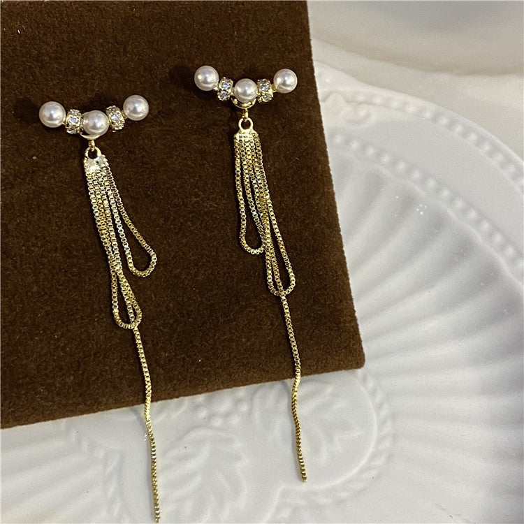 Suitable Tassel Elegant Round Pearl Long Earrings