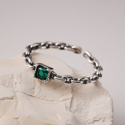 Sier Emerald Zircon Chain Female Design Fashion Rings