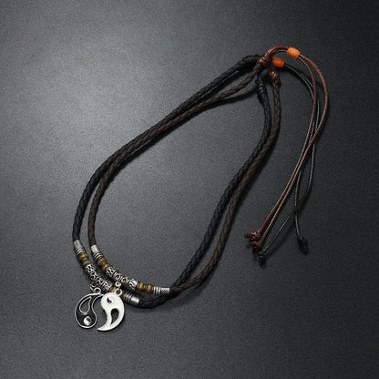 Women's & Men's Dragon Yin And Yang Leather String Pair Of Necklaces