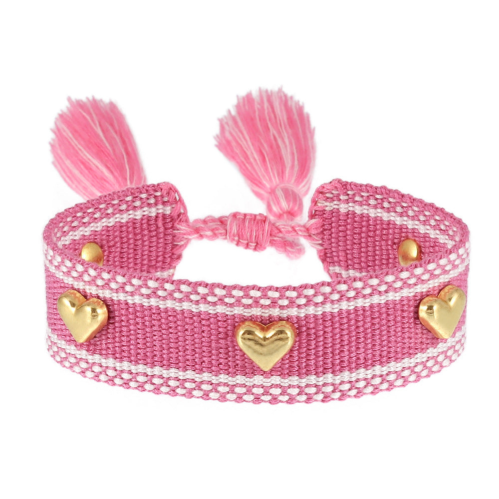 Couple Golden Heart-shaped Carrying Strap Hand-woven Tassel Bracelets