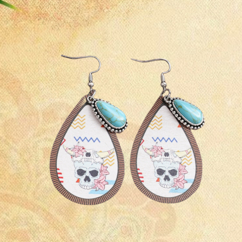 Retro Ethnic Style Fashion Skull Totem Printing Wooden Earrings