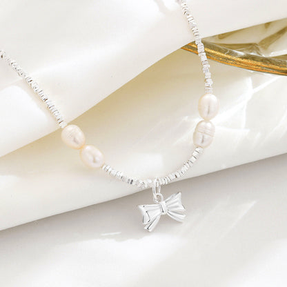 Sier Freshwater Pearl Bow Square Small Necklaces