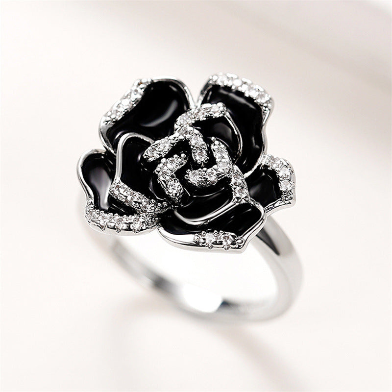 Women's Elegant Retro Enamel Zircon Unique Black Rose Flower Rings