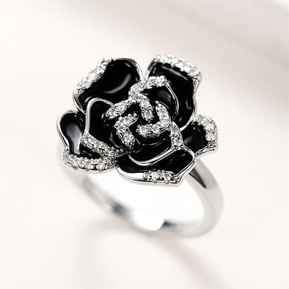 Women's Elegant Retro Enamel Zircon Unique Black Rose Flower Rings