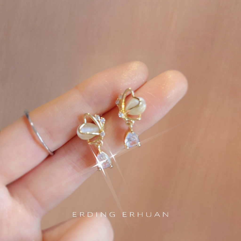 Zircon Butterfly Sier Needle Plated Glass Earrings